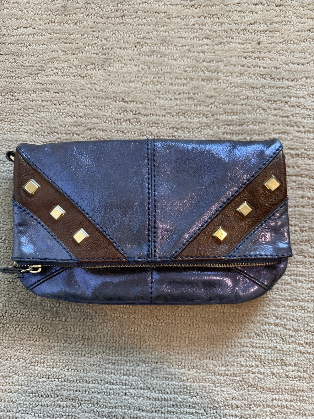 Corso Como Metallic Purple Fold-Over Clutch with Brown Trim and Gold Studs